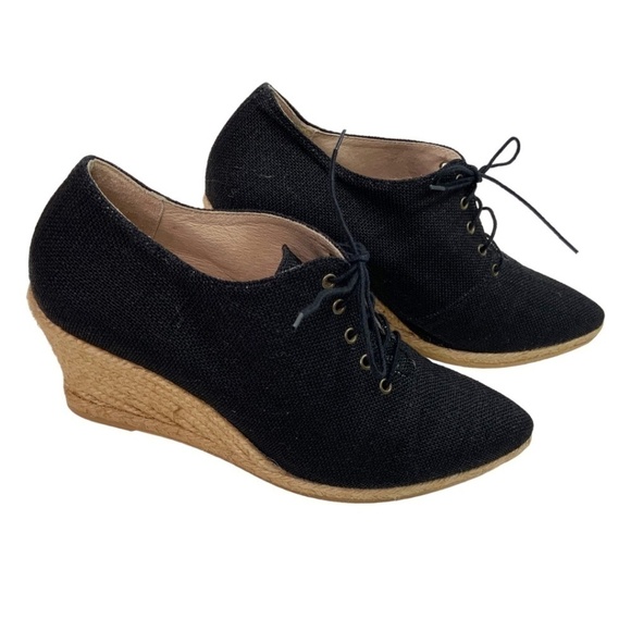 ATELIERS Black Leather Backed Canvas Pointy Toe Lace Up Espadrille Wedges Sz 8.5 - Picture 4 of 10